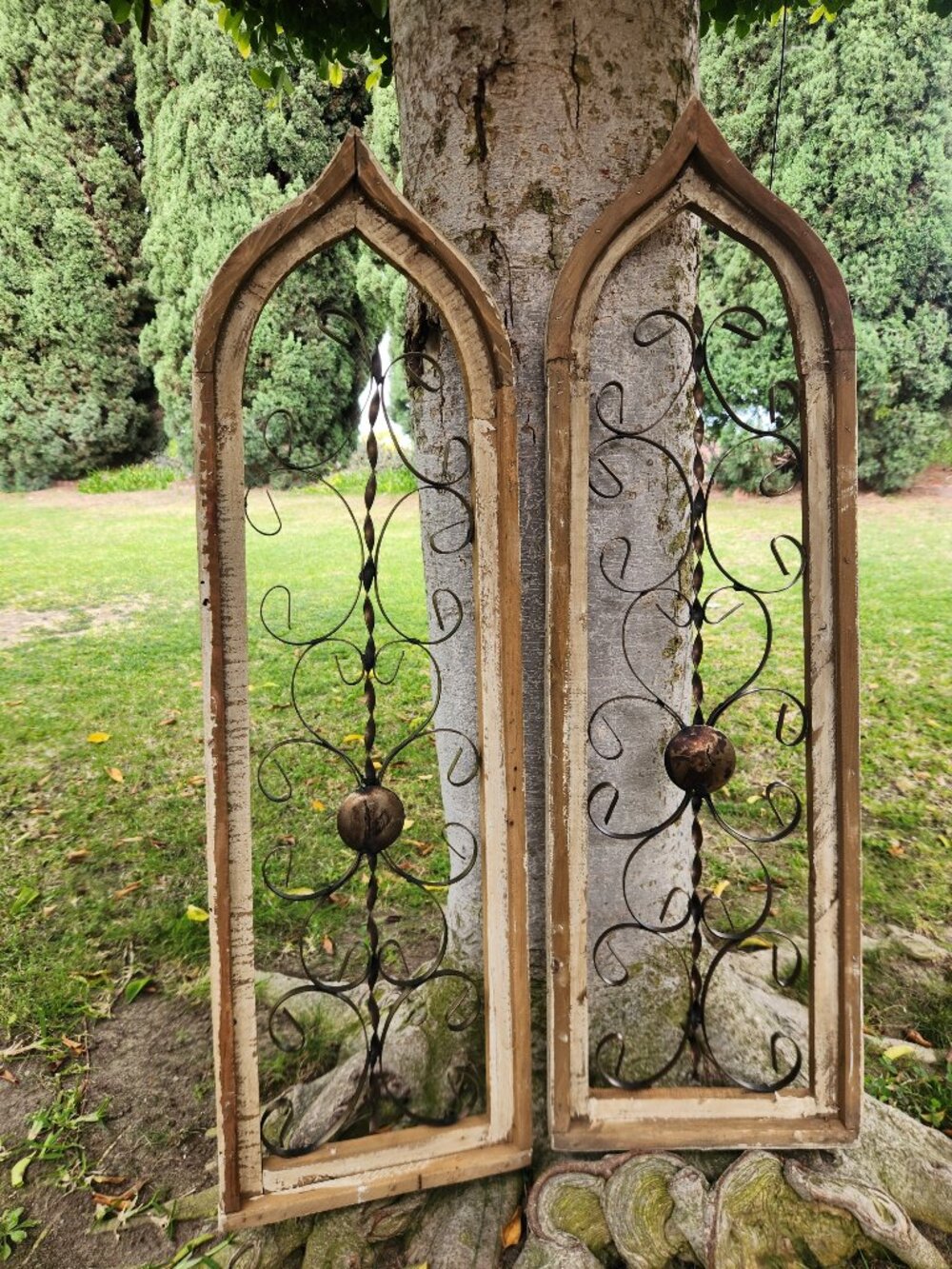 Set of 2, 38" H Pointy Messina Farmhouse Arch Distress Wood Cathedral Window